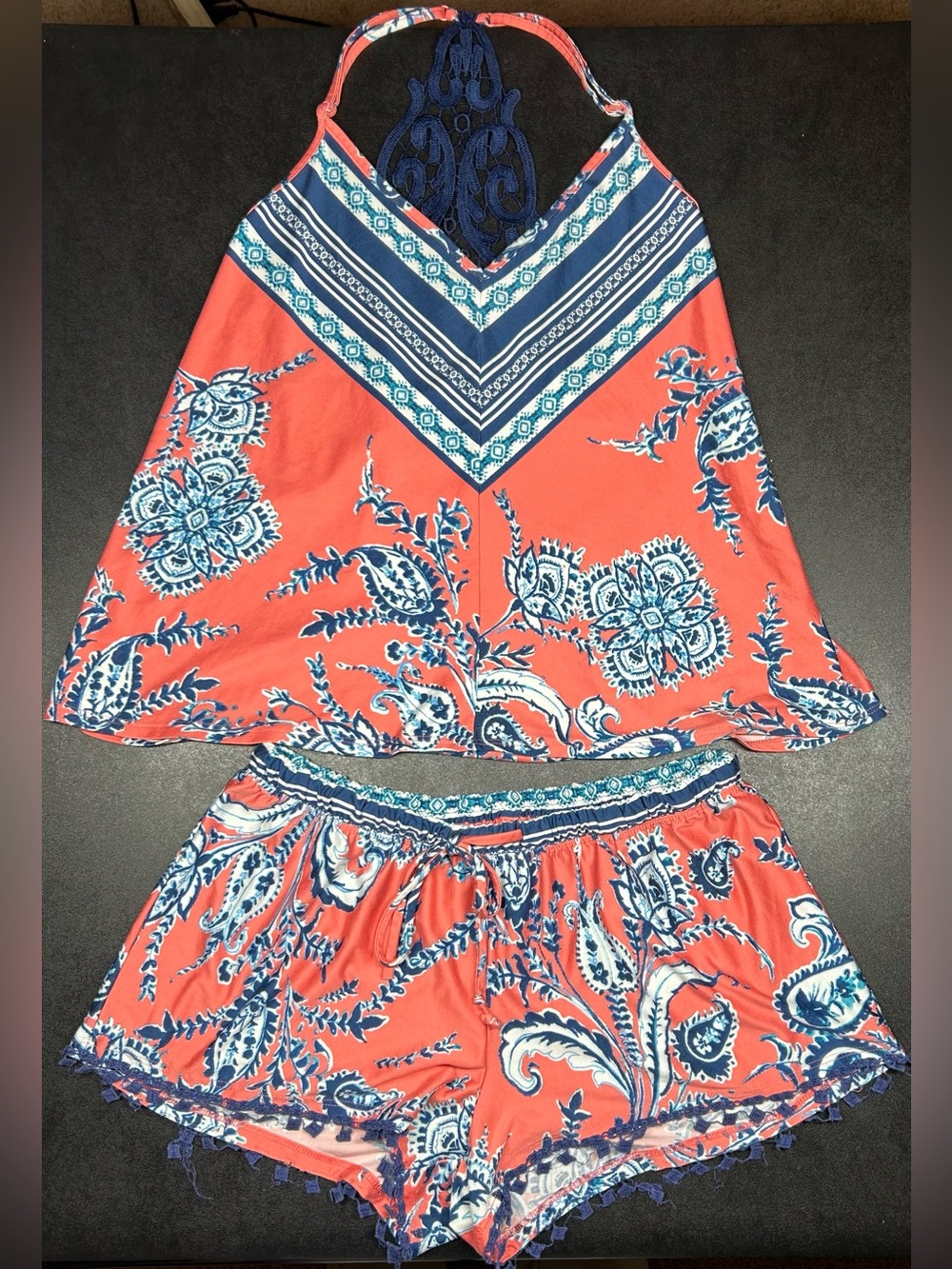 In Bloom by Jonquil Women's Size S Orange Blue Floral Knit Pajama Shorts Set